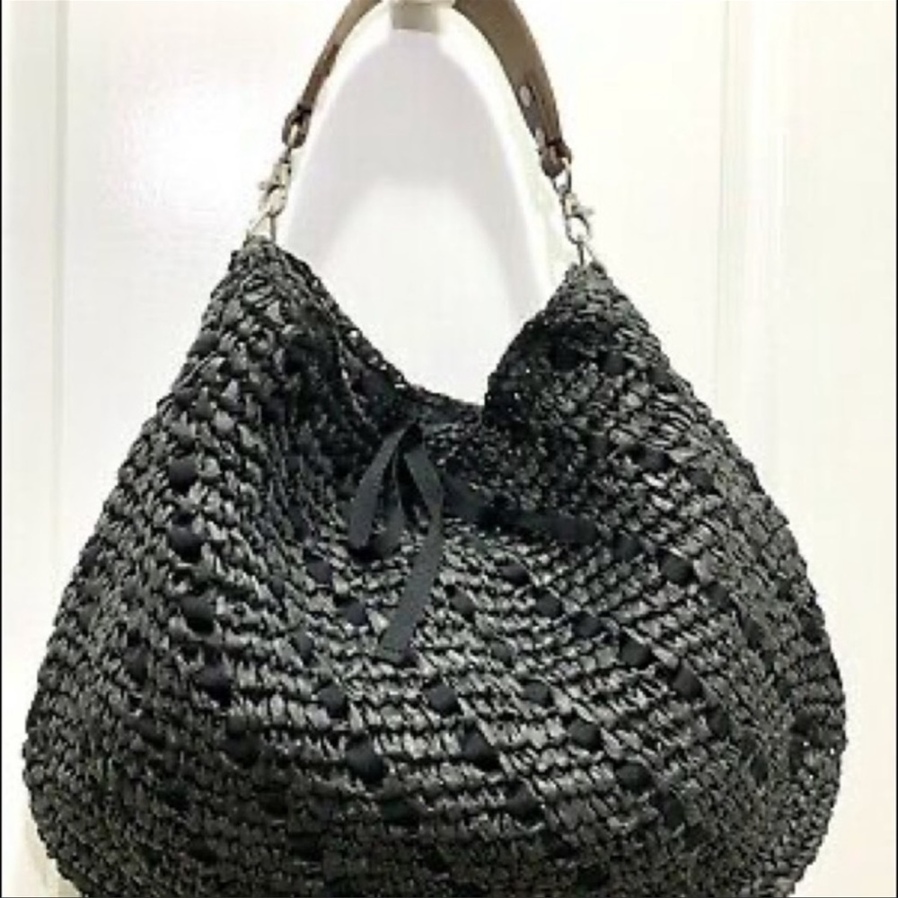 Black Bahia Straw Hobo Bag Leather Handle